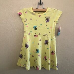 Afro Unicorn Unique Magical Toddler Girls Yellow Print Short Sleeves Dress Sz 4T